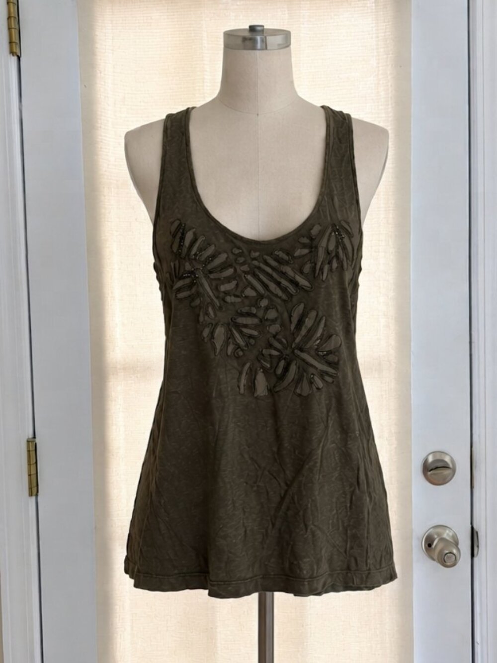Banana Republic Olive Beaded Palm Leaf Linen Blend Tank Top Size XL